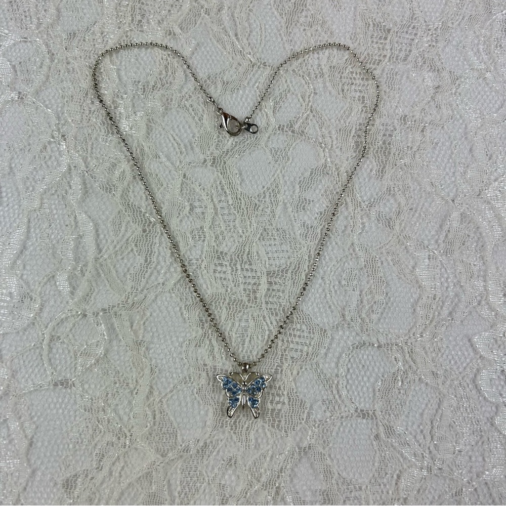 NEW Macy’s Silver Blue Faux Gemstone Butterfly Necklace Fairycore Sparkly